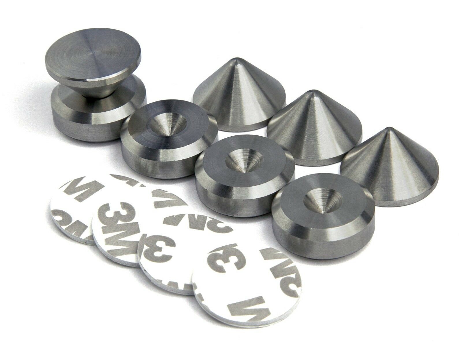 Stainless 4 x Cone Speaker Spikes + 4 x Chamfered Spike Pads + adhesive pads - Set of 4